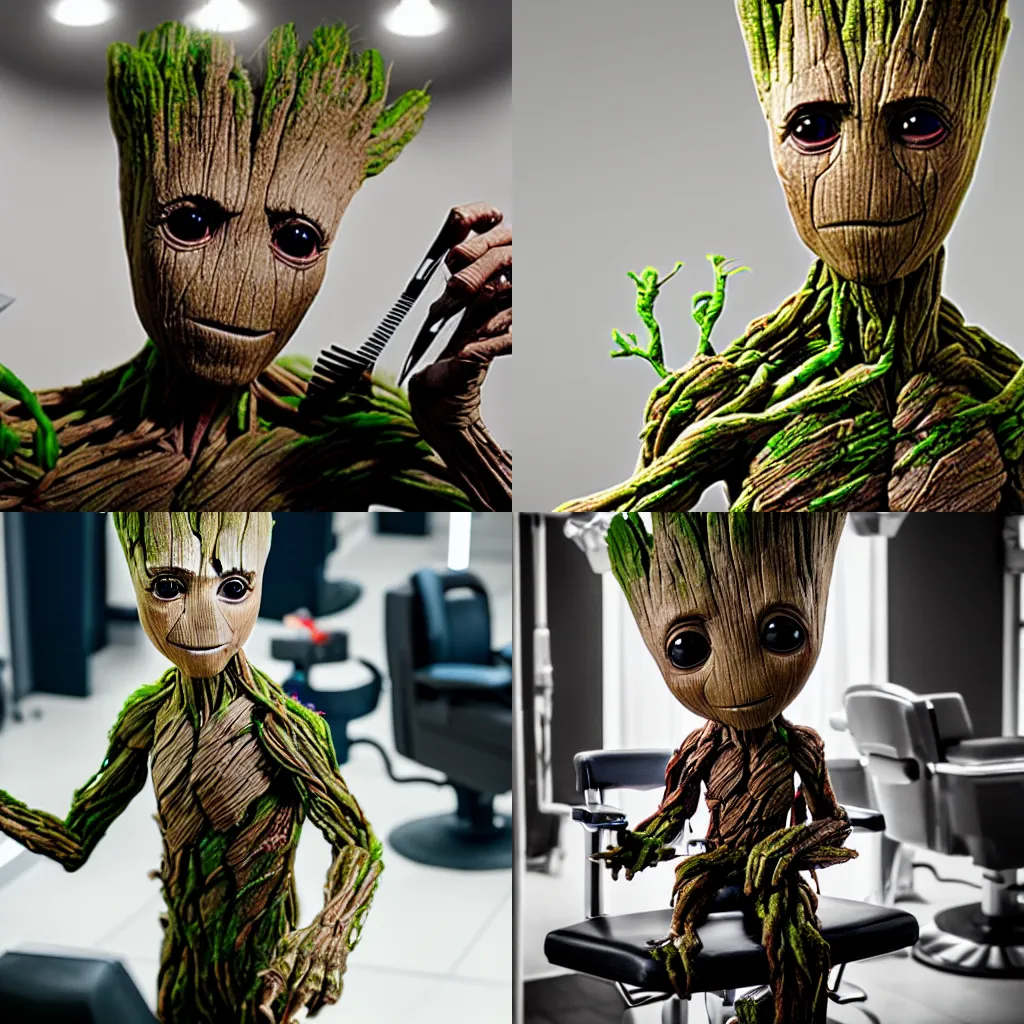 Prompt: groot at the hairdressers, getting a haircut, studio photography, studio lighting, highly detailed