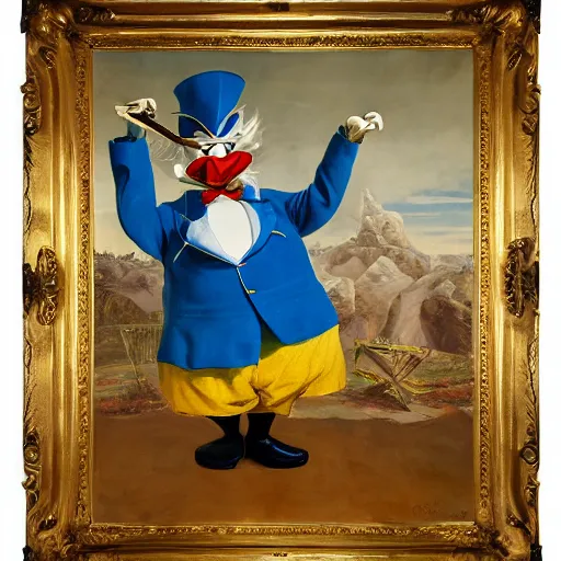 Image similar to Scrooge McDuck from the Duck Tales in blue costume standing on a mountain of gold and holding a cane, view from below, full body portrait, oil painting, highly detailed