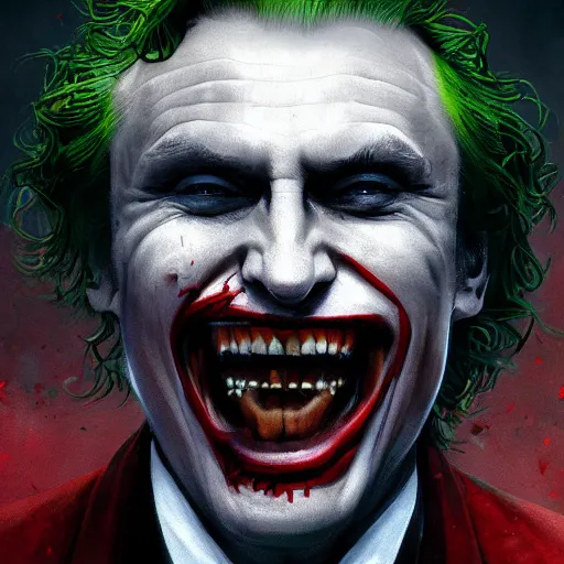 Image similar to Portrait of vladimir putin as the Joker from the DC comic, amazing splashscreen artwork, splash art, head slightly tilted, natural light, elegant, intricate, fantasy, atmospheric lighting, cinematic, matte painting, by Greg rutkowski