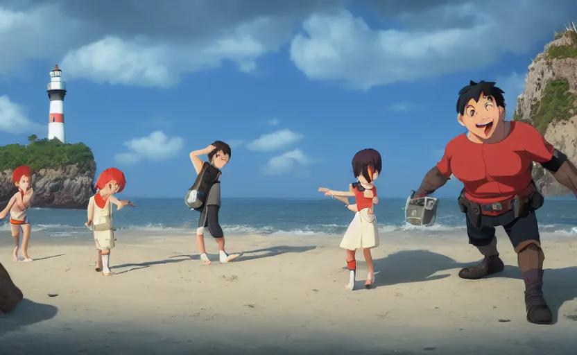 Image similar to a film still kids fighting next to the light house, beach, farol da barra, medium shot, waist up, studio Ghibli, Pixar and Disney animation, sharp, Rendered in Unreal Engine 5, anime key art by Greg Rutkowski, Bloom, dramatic lighting