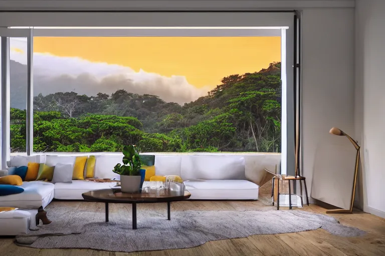 Image similar to big window, mountains in background, cloud forest in background, tropical beach in background, sunset, warm golden hour lighting, holiday vibes, living room, furniture, IKEA catalogue, futuristic, ultra realistic, ultra detailed, cinematic light, anamorphic, wooden floored balcony, by Paul Lehr