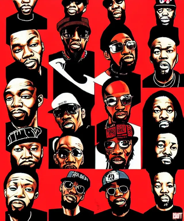 Image similar to portraits of wu tang clan by shepard fairey