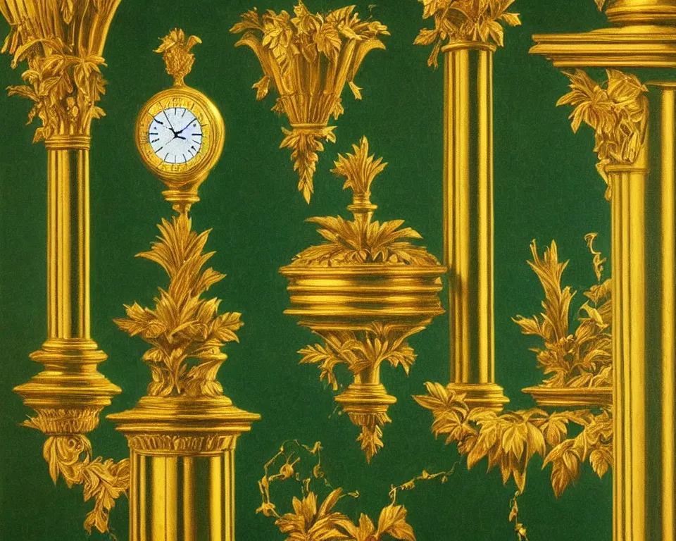 Image similar to an achingly beautiful print of gold clocks and marble corinthian capitals on a forest green wall by Raphael, Hopper, and Rene Magritte. detailed, romantic, enchanting, trending on artstation.