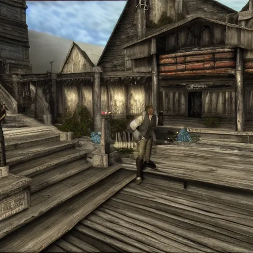 Image similar to chris morris delivers news in the town square, 3 dcg, skyrim, oblivion, morrowind, pc game, gameplay screenshot
