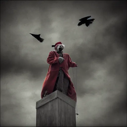 Image similar to A clown on the roof of the church playing with crows, futurist, digital art, dramatic lighting, symbolic