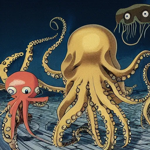 Image similar to an octopus have heated debate with a tuna, anthropomorphics, by Studio ghibli, Kentaro Miura, Hiromu Arakawa, Koyoharu Gotouge, Takeshi obata, concept art, golden ratio