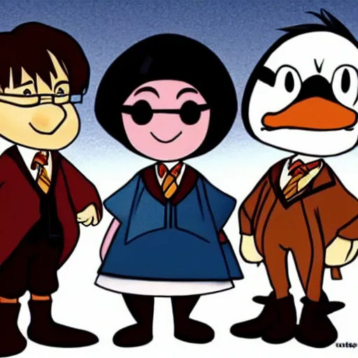 Prompt: Harry Potter, Ron and Hermiona look like ducks from a DuckTales style