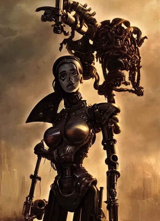 Prompt: hyper realistic photography of heroic warhammer machine robotic android girl, eva green, wednesday addams, cinematic, chaos marine, artstation, cgsociety, full body greg rutkowski, james gurney, mignola, craig mullins, brom redshift, vray, octane