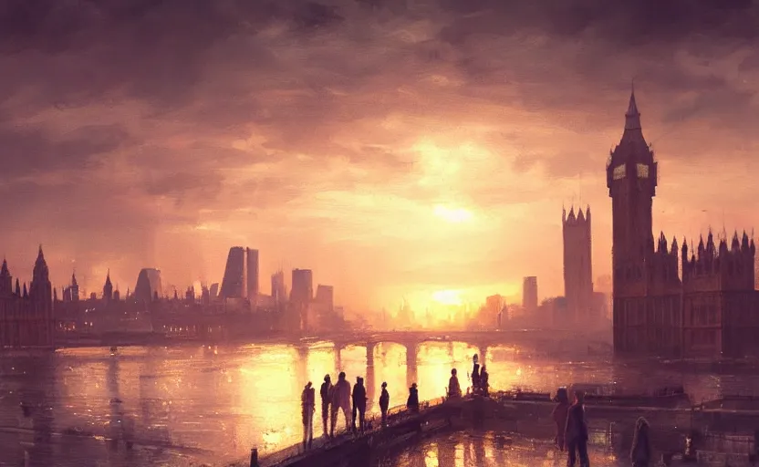 Prompt: painting of skyline of london at sunset, natural light, concept art, by greg rutkowski, cozy atmospheric and cinematic lighting