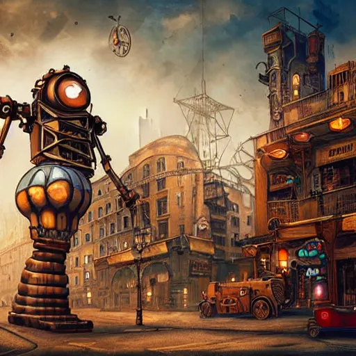 Image similar to Gigantinc steampunk robot standing in a steampunk city, digital art, artstation, detailed, realistic