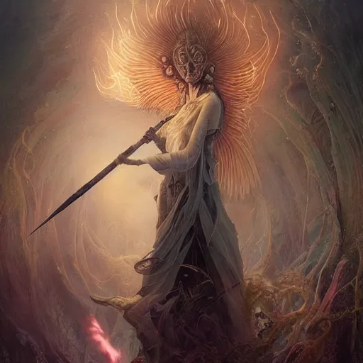 Prompt: hyperrealistic beautiful detail matte 3 d painting of a very beautiful priest with spear of darkness and dark smoke aura by ellen jewett, dan mumford, beeple, alex grey, monia merlo, miho hirano tomasz alen kopera and justin gerard : 3