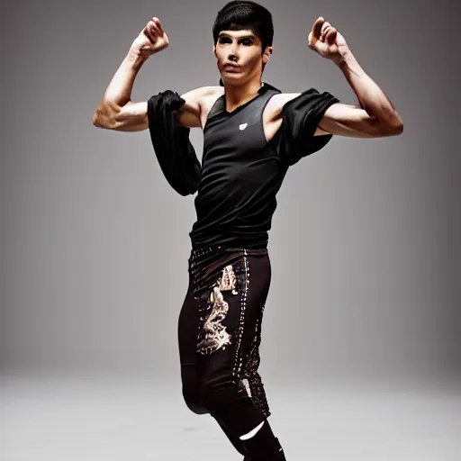 Image similar to a portrait of a beautiful athletic young mexican male wearing alexander mcqueen couture , photographed by andrew thomas huang, artistic