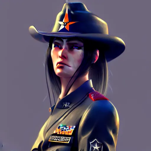 Image similar to a full - body painting of a female military captain! wearing a cowboy hat!, angelic face! stunning eyes!, cyberpunk art by yumihiko amano, cgsociety, figurative art, toonami, zbrush, official art