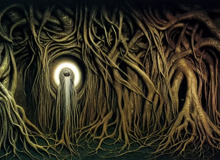 Image similar to photo of roots growing down from a ceiling in an underground cavern wrapped around a severed eyeball. Fantasy magic horror style. Highly detailed 8k. Intricate. Nikon d850 55mm. Award winning photography. Hr giger. Zdzislaw beksinski