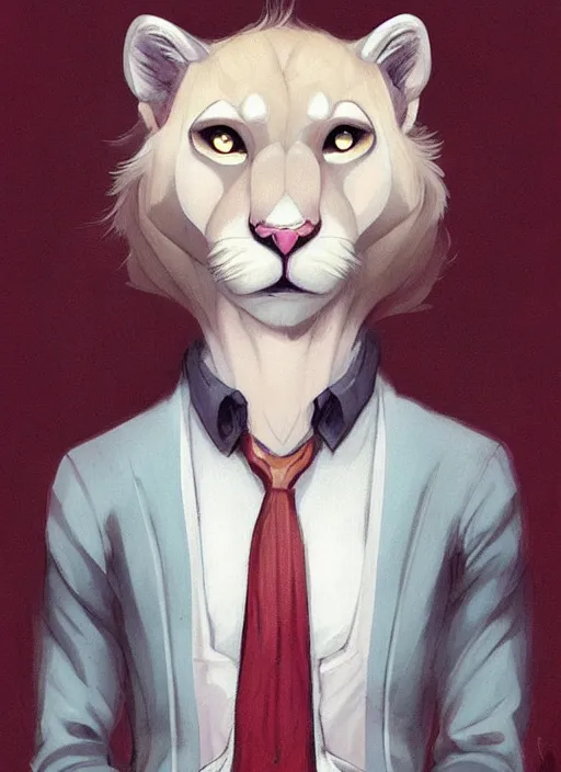 Image similar to beautiful portrait commission of a male furry anthro albino mountain lion with dark red eyes wearing a dress shirt in an old-timey Saloon. Atmospheric. Character design by charlie bowater, ross tran, artgerm, and makoto shinkai, detailed, inked, western comic book art