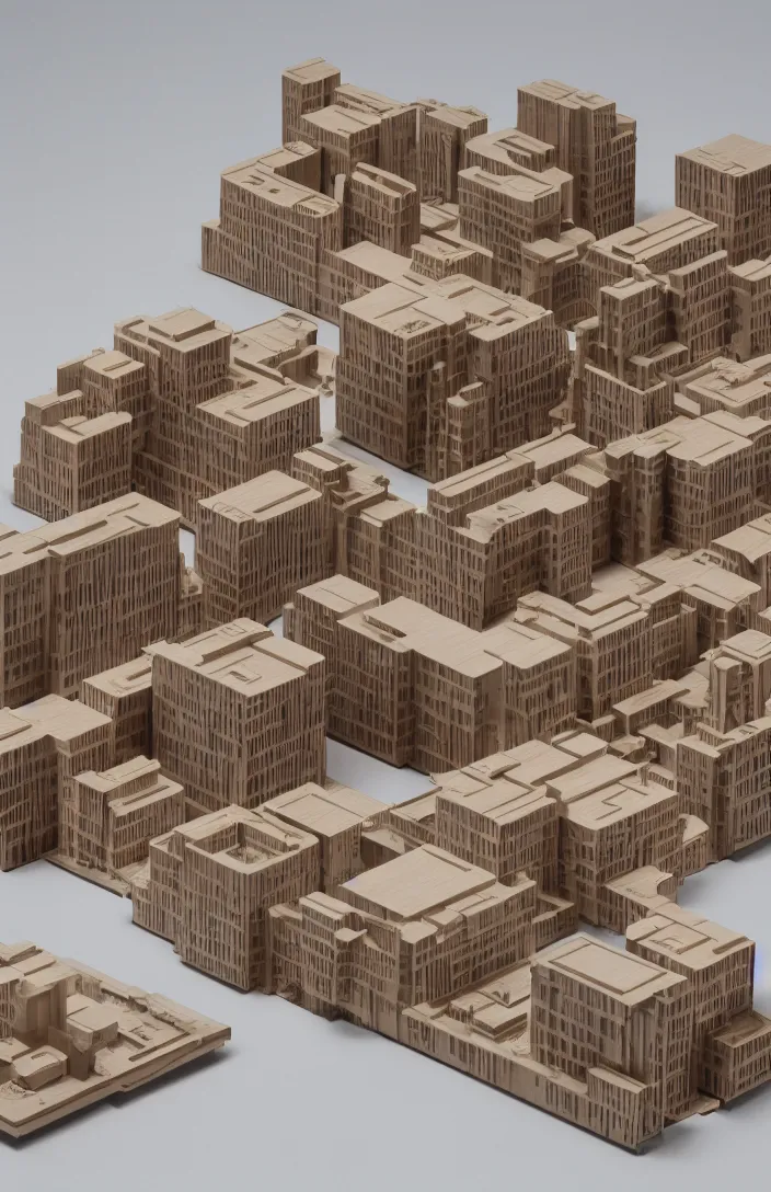 Prompt: isometric view, architectural model, studio lighting, low contrast, wood and paper, tall building, social housing for 1 0 0 0 household, frank gehry architecture, high tech, post - modernism