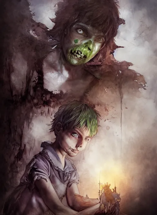 Image similar to portrait, zombie peter pan with tinkerbell, watercolor, dramatic lighting, cinematic, establishing shot, extremly high detail, foto realistic, cinematic lighting, pen and ink, intricate line drawings, by Yoshitaka Amano, Ruan Jia, Kentaro Miura, Artgerm, post processed, concept art, artstation, matte painting, style by eddie mendoza, raphael lacoste, alex ross