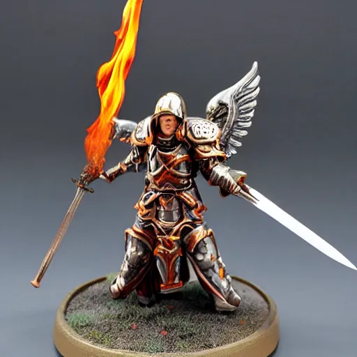 Prompt: armored angel paladin with a flaming sword, figurine, wargaming