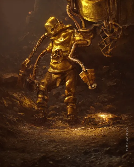 Image similar to oil painting of poor anthropomorphized mole mining gold, close shot, full body, dark steampunk mine shaft background, sharp focus, fantasy style, octane render, volumetric lighting, 8k high definition, by greg rutkowski, highly detailed, trending on art Station, dungeons and dragons artwork, centered