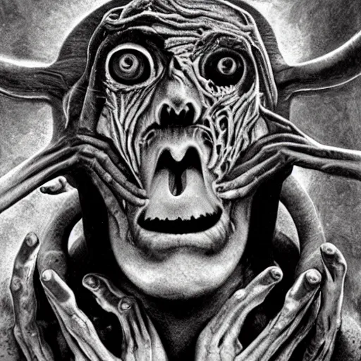 Image similar to a portrait of a creature from the beyond, body horror, by gerard brom and ansel adams