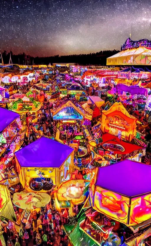 Image similar to super realistic, aesthetic, beautiful and colorful photo of a incredibly beautiful fair at a starry night