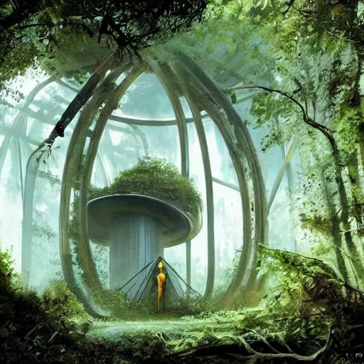 Image similar to stairs leading to a derelict portal in a middle of a lush futuristic forest, alien world seen through a portal, person in a cloak standing in front of a portal, daylight, cinematic lighting, syd mead, john harris