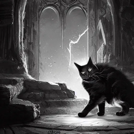 Image similar to black and white cat sorcerer, dnd fantasy digital art by Greg Rutkowski