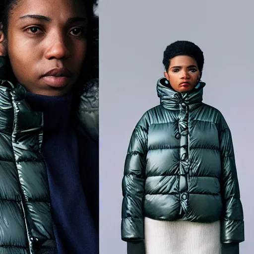 Image similar to realistic photoshooting for a new balenciaga lookbook, color film photography, portrait of a beautiful woman, woman is wearing a puffer jacket, in style of Tyler Mitchell, 35mm,