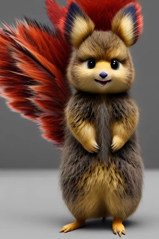 Image similar to high quality 3 d render hyperrealist very cute multicolor stripped fluffy! quokka phoenix hybrid with wings!!!, highly detailed, vray smooth, in the style of detective pikachu, hannah yata charlie immer, dramatic blue light, low angle, uhd 8 k, sharp focus