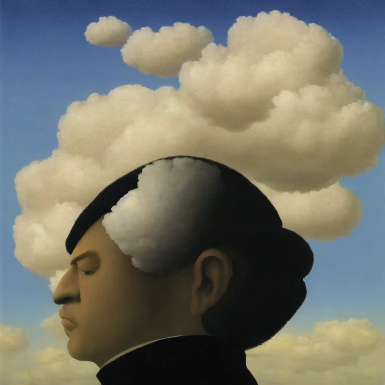 Image similar to portrait of a man whos head is a cloud, by rene magritte, detailed painting, hd, hq, high resolution, high detail, 4 k, 8 k