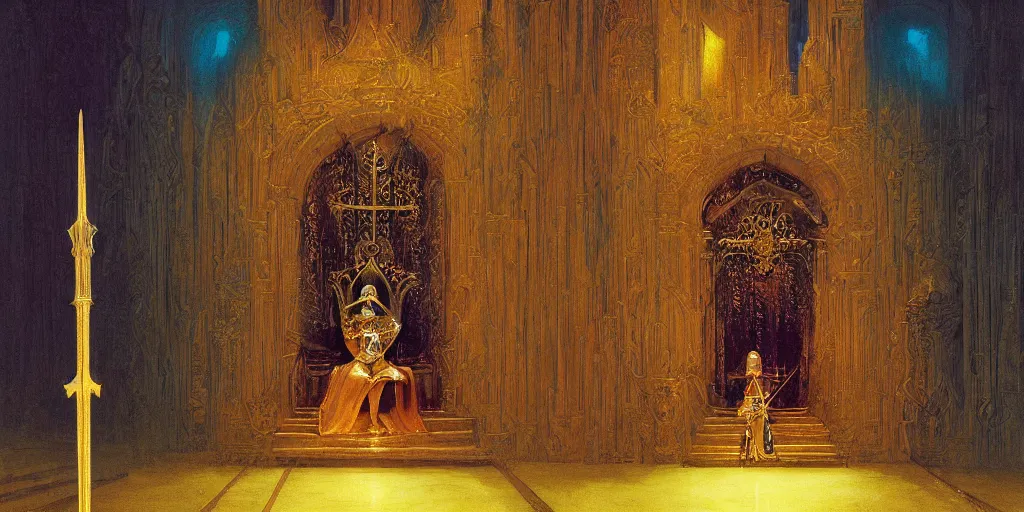 Image similar to a medieval king sitting on a golden throne led by stairs leaning on a shiny sword in a palace, illuminated by glowing light behind the throne, beksinski and syd mead cinematic colorful painting