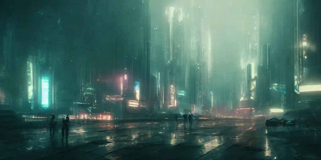 Image similar to modern futuristic city, cinematic, blade runner style, robots and humans, atmospheric, hazy, dark lighting, ILM, vfx, cinematography by greig fraser