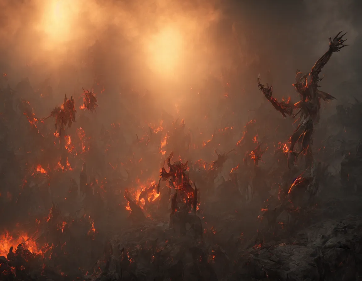 Prompt: undead in burning hell trying to reach for heaven above. artstation. highly detailed painting. realistic. cinematic. volumetric lighting. octane render.