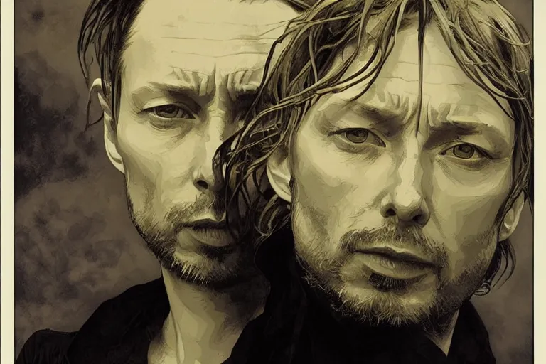 Image similar to hyper realistic portrait of ( ( ( thom yorke ) ) ) singer songwriter, side, liminal space, by lee bermejo, alphonse mucha and greg rutkowski