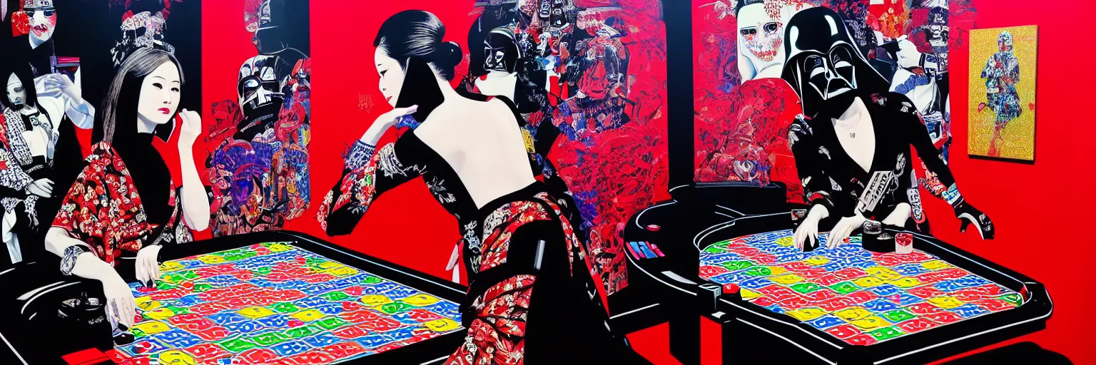 Image similar to hyperrealism composition of the detailed woman in a japanese kimono sitting at an extremely detailed poker table with darth vader, terminator, fireworks on the background, pop - art style, jacky tsai style, andy warhol style, acrylic on canvas