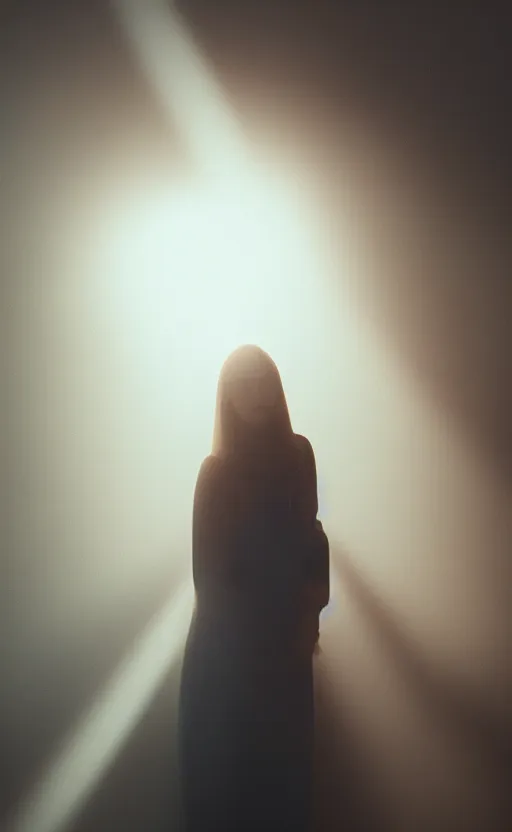 Image similar to photograph of a beautiful woman standing next to a window god rays shining on her from the sunlight, volumetric fog, smoke, depth of field, beautiful composition, featured on artstation and instagram