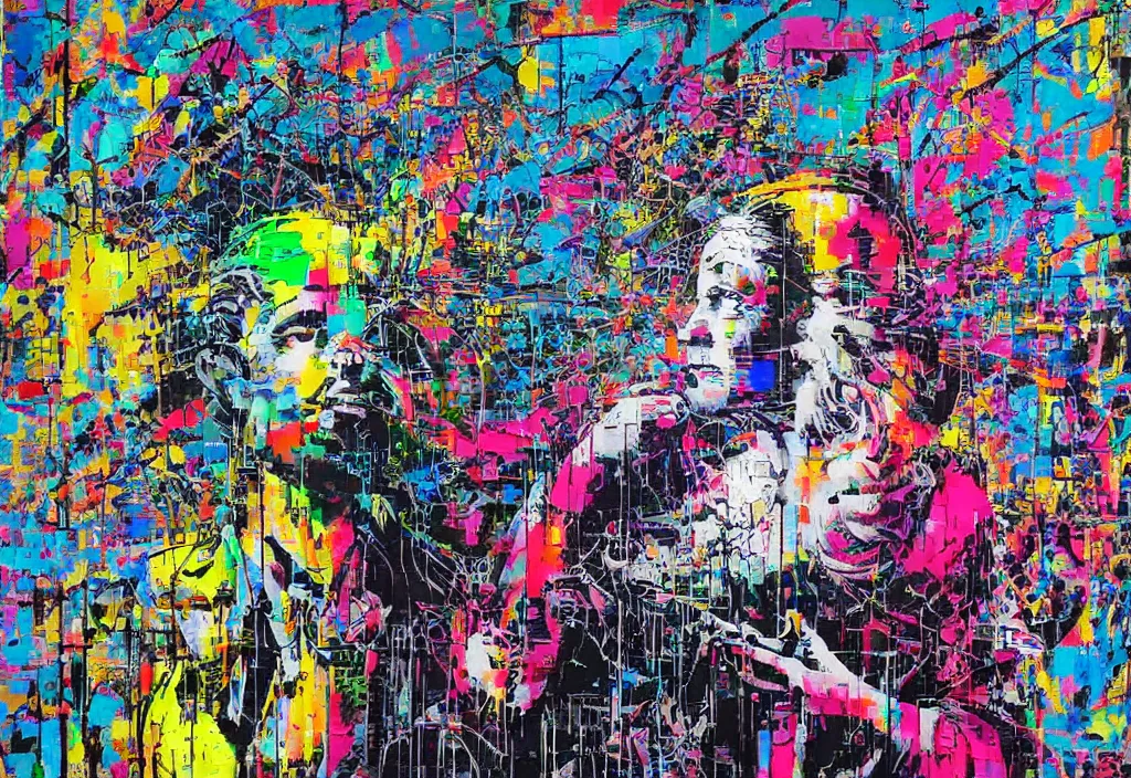 Image similar to full color banksy graffiti with statement of ai art is not art, detailed, realistic, glitch art effect