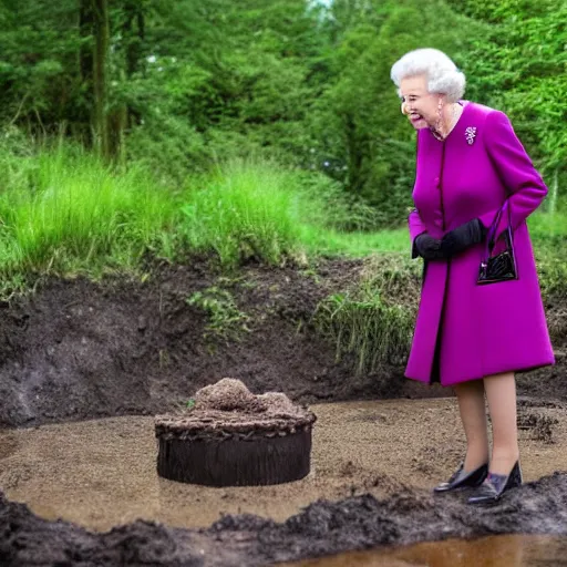 Image similar to queen elizabeth taking a mud bath in shreks swamp, professional photograph, highly detailed,