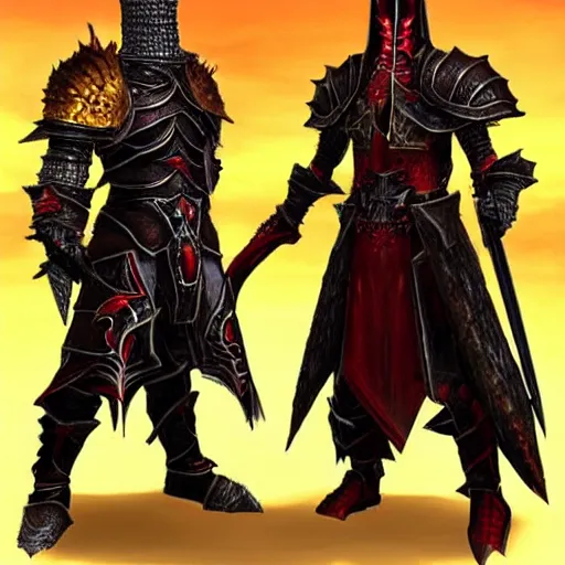 Prompt: double portrait the great death knight dark souls in golden red armor made of polished dragon bones looks relaxed, quantum physics, victorian era