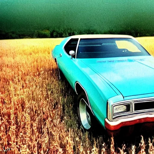 Image similar to A photograph of a rusty!!!!!!!!!, worn out!!!!!!!!!!, broken down!!!!!!!!!!, beater!!!!!!!!! Powder Blue Dodge Aspen (1976) in a farm field, photo taken in 1989