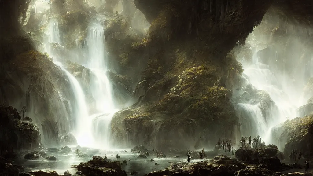 Image similar to the elven kingdom lies beneath the great underground waterfall. andreas achenbach, artgerm, mikko lagerstedt, zack snyder, tokujin yoshioka