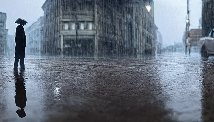 Prompt: there is a man on his knees in a puddle lamenting his miserable life while it rains dramatically, film still from a movie directed by andrei tarkovski, photorealistic, cinematic lighting, intrincate, atmospheric, highly detailed, smooth, sharp focus