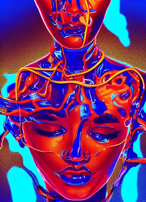 Image similar to extreme long shot, kodachrome, oil painting, melting face, cyberpunk 2 0 y. o model girl, wrapped in wires and piones, clear blue sky vintage style, looking straight ahead, in the style of yayoi kusama, technicolour, lineart, higly detailed, artstation