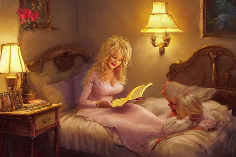 Image similar to portrait of young dolly parton reading a bedtime story to jim morison in bed, an oil painting by ross tran and thomas kincade