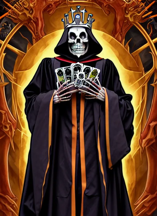 Image similar to overlord, undead skeleton king, wearing an academic gown, tarot card, highly detailed, deep focus, elegant, digital painting, smooth, sharp focus, illustration, ultra realistic, 8 k, art by artgerm and alphonse mucha