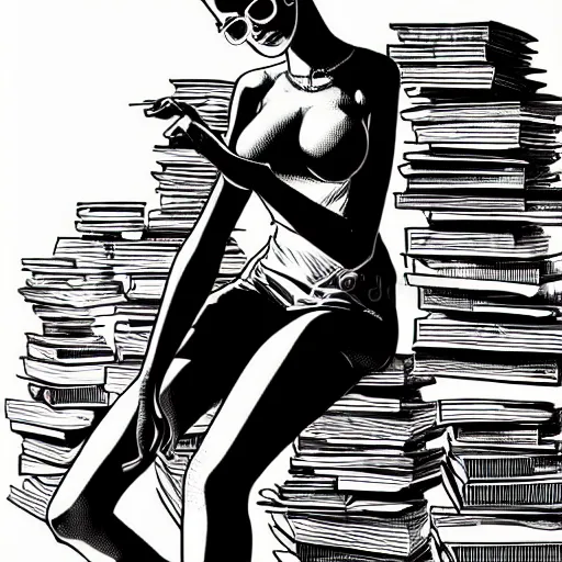 Prompt: clean simple line art of a woman with glasses sitting on top of a tall pile of books. white background. well composed, clean black and white line drawing, beautiful detailed face. illustration by josan gonzalez and steve ditko and greg rutkowski