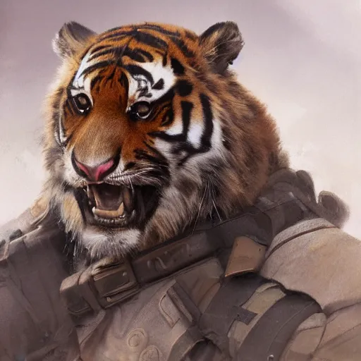 Image similar to a aesthetic award winning commission portrait of a fit anthro tiger wearing military uniform,digital art,art by greg rutkowski,art germ,charles bowater,trevor henderson,detailed beautfiul face,photorealistoc,hyperdetailed,dramatic,artstation,deviantart,professional lighting