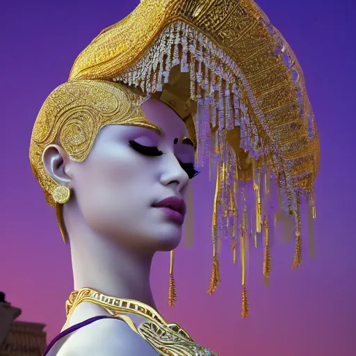 Prompt: a statue made of white marble with gold veins, of an beautiful japanese bellydancer, perfect symmetrical body, perfect symmetrical face, no eyes, hyper realistic, hyper detailed, fujicolor superia, city bokeh background, full body shot, by peter kemp, by monia merlo octane render, blender, 8 k
