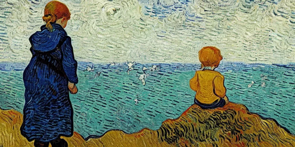 Prompt: A little girl watching seagulls on the edge of a cliff, by Vincent Van Gogh