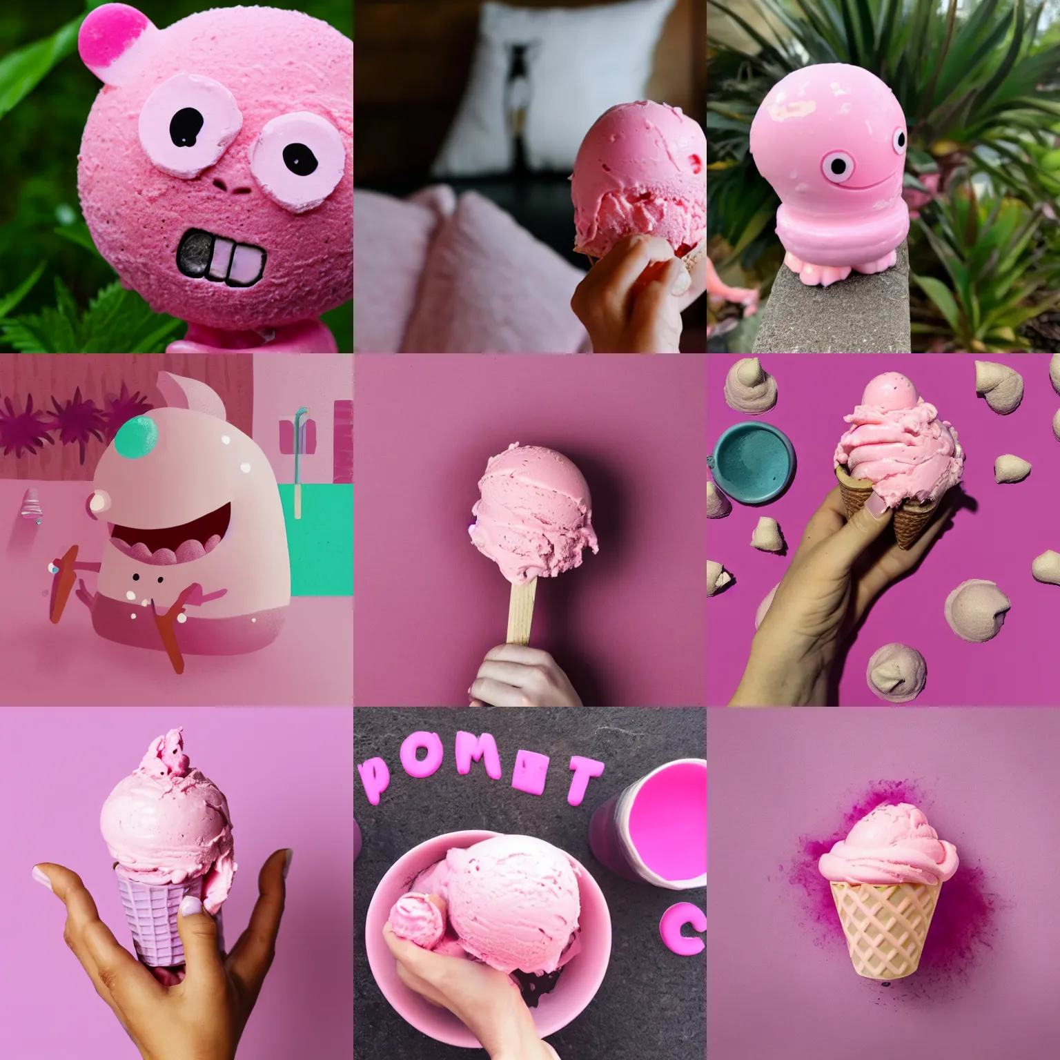 Prompt: pink ice cream monster practising self care
